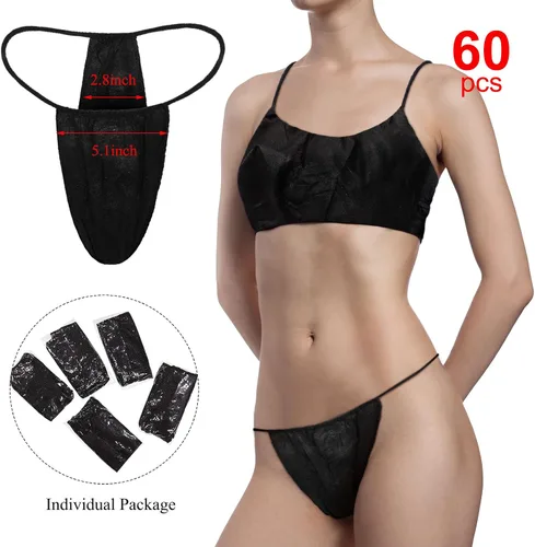 Vista 2 de Chumia 60 piezas de tangas desechables Spa Spray bronceador envolturas ropa interior desechables bikini tanga bragas para mujer (negro), Negro