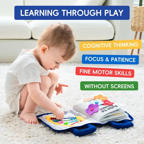 Vista 2 de Jollybaby Libros suaves y ocupados de 10 páginas, mi libro tranquilo, juguete de viaje y educación sensorial Montessori, juguete de actividades
