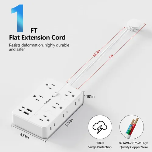 Vista 2 de Cable de extensión plano de 1 pie con protector de sobretensiones, 10 salidas de CA y 4 puertos USB (5V/3.4A 17W), 1080J, estación de carga