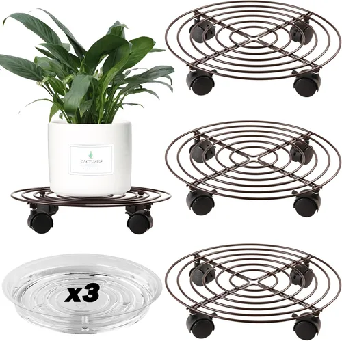 Vista 14 de Paquete de 3 organizadores grandes de metal para plantas con ruedas de 13.8 pulgadas, soporte rodante resistente con ruedas para macetas