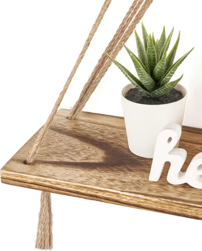 Vista 5 de Mkono - Juego de 2 estantes colgantes de macramé estilo bohemio para decoración de pared, estantes flotantes de madera rústica para almacenamiento