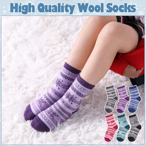 Vista 4 de LANLEO Calcetines de lana para niños pequeños y niñas, para senderismo, para invierno, cálidos, acogedores, gruesos, pesados, térmicos, 6 pares