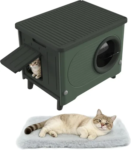 Vista 10 de Casa para gatos al aire libre, resistente a la intemperie, refugio para gatos con puerta de escape y solapa de puerta de PET, apilable elevado