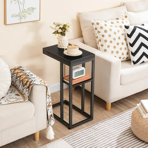 Vista 4 de HOOBRO Mesa auxiliar plegable, mesa lateral en forma de C con estante de almacenamiento, pequeña mesa de aperitivos adecuada para sala de estar