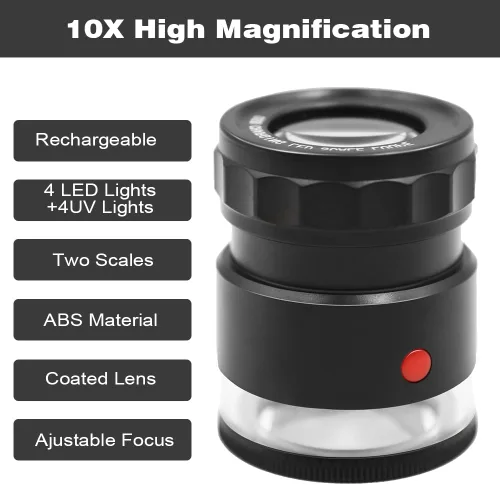 Vista 2 de Lupa de joyero recargable Koparneed de 10x con luces UV y LED, lupa de ojo iluminada con enfoque ajustable y vidrio de aumento para joyería