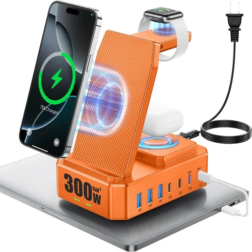 Vista 7 de Estación de carga de 300W para múltiples dispositivos Apple, cargador inalámbrico 10 en 1 para iPhone, soporte de carga rápida PD 65W USB C GaN III