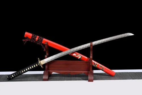 Vista 2 de Full Tang Katana Sword Sharp Real Samurai Swords Handmade Anime Sword 41inch Rojo