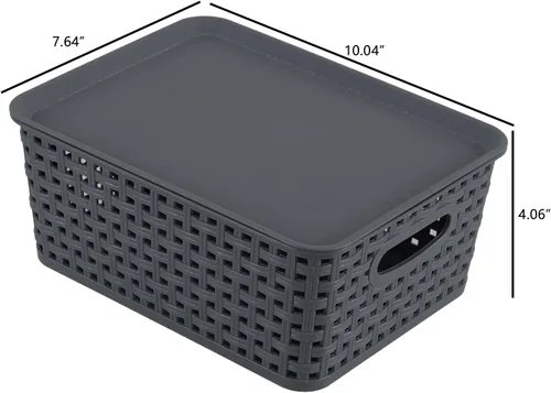 Vista 3 de Paquete de 6 cestas pequeñas de plástico, cesta de almacenamiento tejida con tapa, apilable, color gris