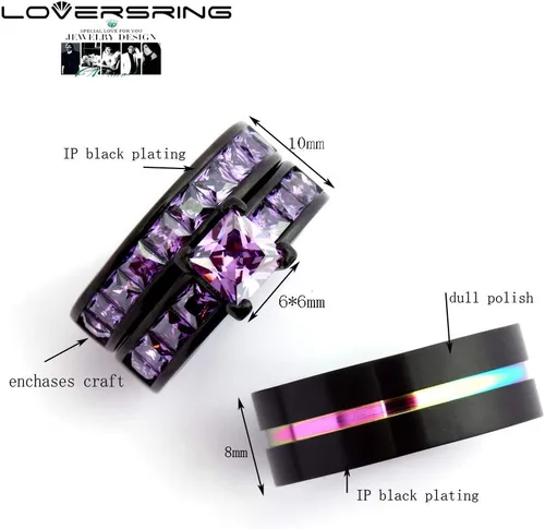 Vista 3 de LOVERSRING Juego de anillos de novia para mujer, chapado en oro negro con circonita cúbica para hombre, carburo de tungsteno, anillo de boda