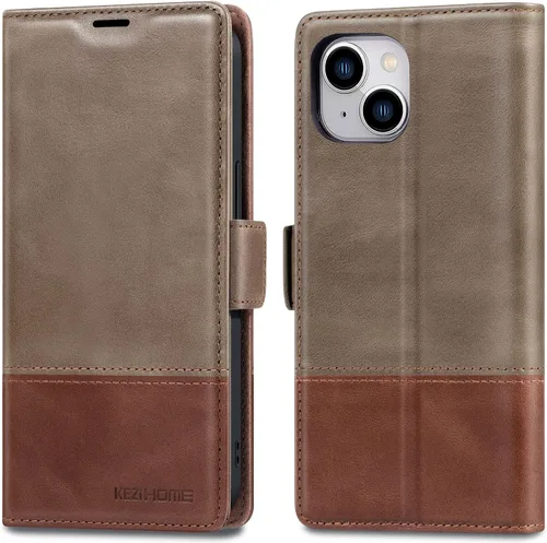Vista 11 de KEZiHOME Funda para iPhone 15, de piel auténtica, bloqueo RFID, carcasa interior de TPU, cierre magnético, ranura para tarjetas, a prueba de golpes