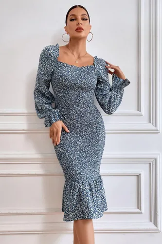 Vista 4 de PRETTYGARDEN Vestido midi de manga larga abombada floral para mujer cuello cuadrado volantes vestido fruncido de sirena