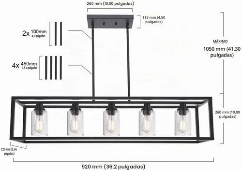 Vista 5 de MELUCEE Candelabro Industrial de 36.2 Pulgadas de Longitud para Isla de Cocina, Luminaria Rectangular de 5 Luces para Comedor Colgante con Acabado