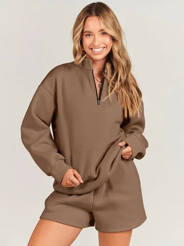 Vista 5 de Caracilia Conjunto deportivo de 2 piezas para mujer, sudadera de gran tamaño con media cremallera y pantalones cortos a juego para el otoño