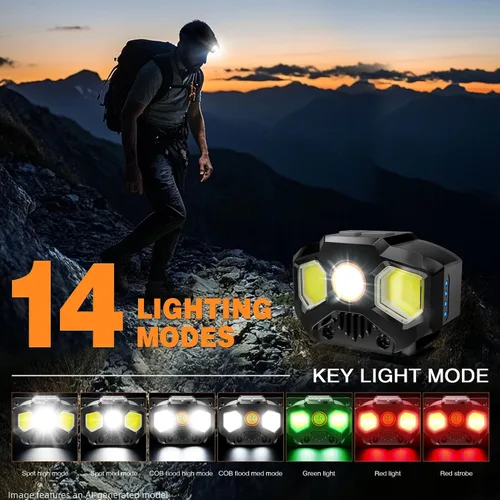 Vista 3 de HOKOILN Linterna frontal recargable de 1400 lúmenes, lámpara LED roja verde blanca para caza y pesca, faro con sensor de movimiento con 14 modos