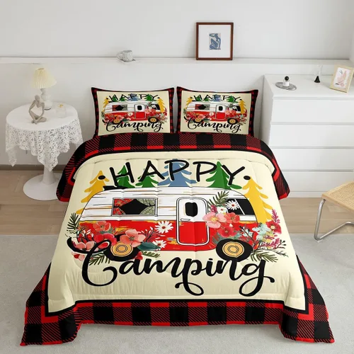 Vista 12 de Erosebridal Juego de edredón de cabaña de cabaña, juego de ropa de cama individual para niños, edredón de campamento con temática de campamento