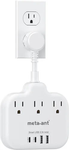 Vista 10 de Divisor de enchufes múltiples, tira de alimentación de cable ultracorto de 0.2 pies de 1625 W, 3 tomacorrientes, 4 USB (2 USB-C), extensor