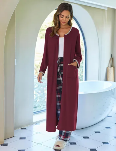Vista 4 de Ekouaer - Abrigo largo de casa para mujer, con cremallera frontal, camisones de longitud completa con bolsillos, ropa de descanso a rayas, tallas