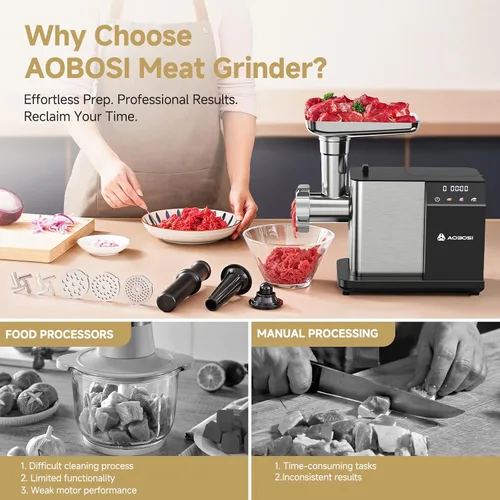 Vista 6 de AAOBOSI Picadora de carne eléctrica de 3000 W máx. con pantalla táctil a color, inversión automática y almacenamiento integrado, 3 ajustes