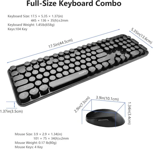 Vista 5 de Combo de teclado y mouse inalámbricos, teclado retro estilo máquina de escribir con teclas redondas, conexión de 2.4 GHz libre de caídas, mouse