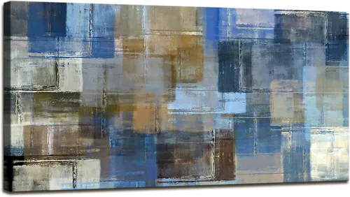 Vista 2 de DZL Art A74875 - Arte abstracto grande para pared, impresiones en lienzo gris y azul, arte de pared enmarcado, arte de pared para sala de estar