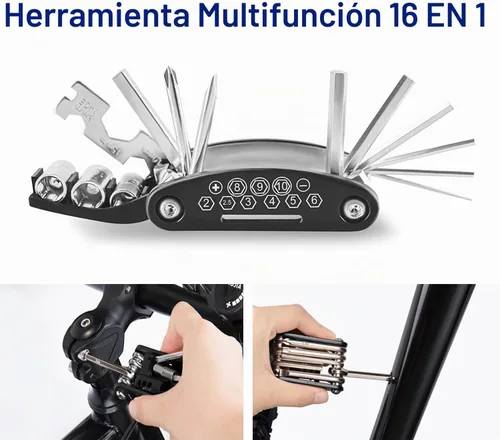 Vista 5 de Kit de herramientas de reparación de bicicletas con mini bomba de bicicleta, bolsa de sillín de bicicleta con luz trasera, multiherramienta