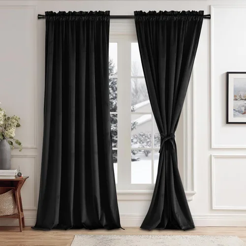 Vista 51 de JIUZHEN Cortinas de terciopelo beige de 63 pulgadas de ancho x 63 pulgadas de largo, cortinas de terciopelo retro suaves con bolsillo para barra