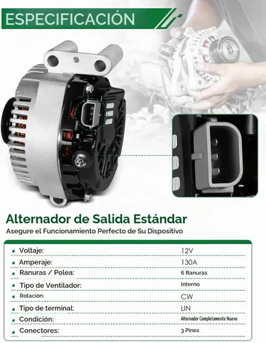 Vista 3 de Alternador de 4.0L para: Ford Explorer 2002 2003 2004, Explorer Sport Trac 2001-2004 para: Mercury Mountaineer 2001-2004, polea de 6 ranuras de 12V
