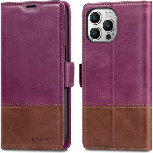Vista 20 de KEZiHOME Funda de piel auténtica compatible con iPhone 16, con bloqueo RFID, con soporte para tarjetas, función atril magnético, funda protectora