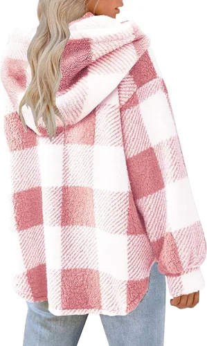 Vista 6 de YAFINMO Womens Fuzzy Plaid Shacket Jacket Furry 2024 Spring Long Sleeve Button Down Warm Coats Fleece Lined Jackets