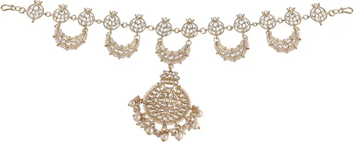 Vista 3 de I Jewels Sheeshphool/Mathapatti de Kundan Floral de la India chapado en oro con perlas para bodas de Bollywood para mujer (T206-7)