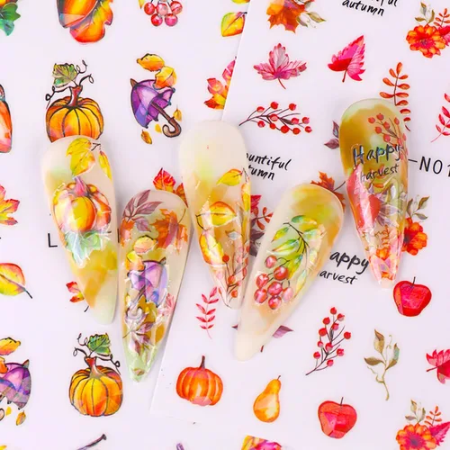 Vista 2 de Calcomanías de arte de uñas de hoja de arce de otoño, hojas de otoño 3D, diseño de calabaza y hongos para uñas, decoración de calcomanías