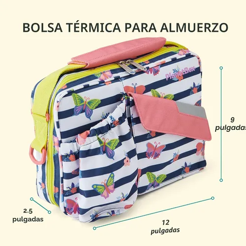 Vista 4 de PlanetBox Rover - Lonchera estilo Bento de acero inoxidable para jóvenes con 5 compartimentos, edición mariposas incluye bolsa de almuerzo aislada