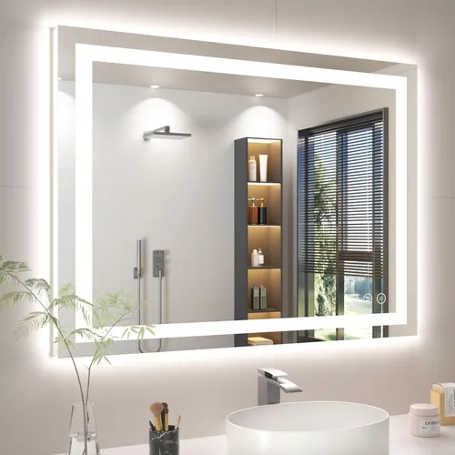 Vista 23 de Espejo de baño LED de 16 x 24 pulgadas con luces, antiniebla, retroiluminado + luz frontal, espejo de tocador de baño iluminado para pared, función