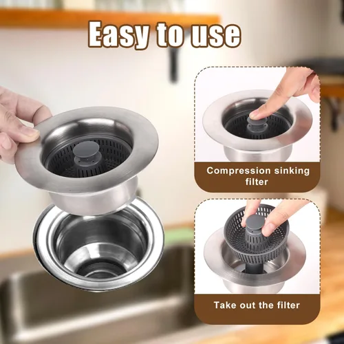 Vista 5 de Ayuda para fregadero de acero inoxidable 3 en 1, tapón de fregadero de cocina de acero inoxidable, filtro de drenaje para fregadero, filtro