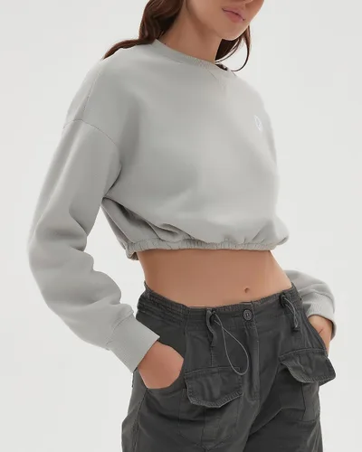 Vista 5 de CHYRII Sudadera corta de gran tamaño para mujer, de forro polar, cuello redondo, manga larga, para otoño e invierno