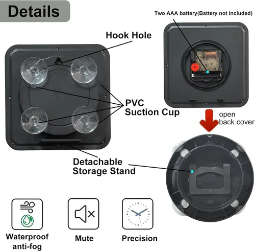 Vista 2 de Reloj de pared impermeable para baño, reloj de pared negro para interiores con ventosa, movimiento de cuarzo, marco de plástico, opción flexible