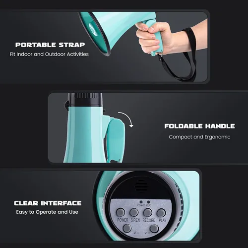 Vista 5 de MyMealivos 20W Megaphone Bullhorn, Built in Siren & 240s Recording, 5.4"×8.6" Portable Megaphone with Volume Control Cover Up to 300 feet+ for