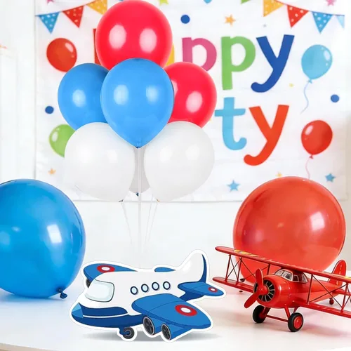 Vista 9 de 6 piezas de decoración de fiesta de cumpleaños de avión, kit de soporte de globos de avión 3D, centro de mesa de globos de avión para mesas