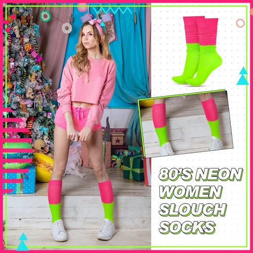 Vista 5 de Geyoga Calcetines de neón holgados, calentadores de piernas de neón de los años 80 y 90 para mujer, calcetines extra largos holgados suaves hasta