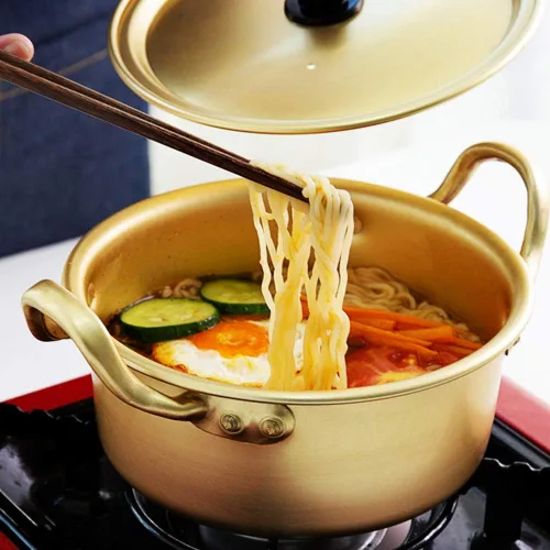 Vista 4 de Olla de fideos ramen de comida coreana, olla de fideos coreanos/olla de aluminio caliente Shin Ramyun de doble mango de aluminio amarillo coreano