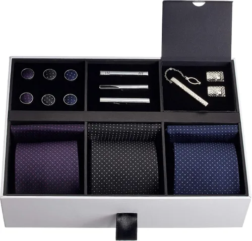 Vista 30 de Juego de corbata de regalo para hombre, corbata sedosa, bolsillo cuadrado, clips de corbata, gemelos para hombres