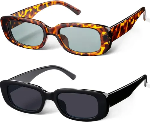 Vista 8 de 2 Pack Trendy Rectangle Sunglasses for Women Narrow Square Frame Shade 100% UV Blocking