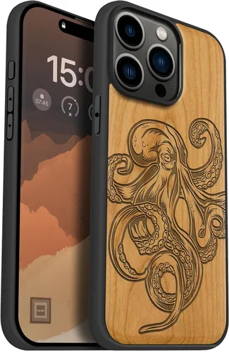 Vista 13 de Carveit Funda de madera para iPhone 15 Pro Max, calendario azteca, cereza