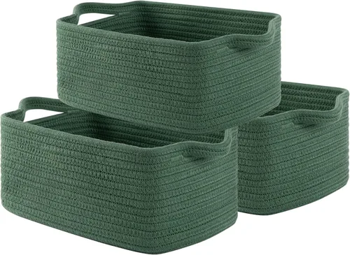 Vista 10 de OIAHOMY Cestas tejidas de cuerda de algodón para almacenamiento, cesta de almacenamiento rectangular para guardería con asas para estantes, paquete