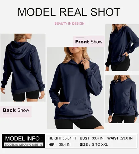 Vista 4 de SHEWIN - Sudadera casual con capucha de manga larga para mujer, ligera, color liso, holgada, con bolsillo