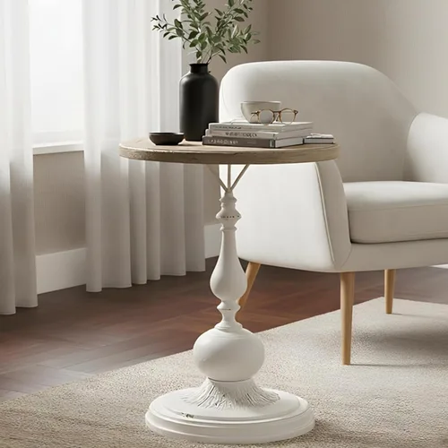 Vista 11 de Framhose - Mesa auxiliar redonda, mesa auxiliar pequeña con parte superior de madera y base negra, mesa de pedestal para sala de estar, esquinas