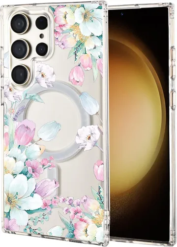 Vista 59 de Funda magnética para Samsung Galaxy S22 Ultra Flower, compatible con MagSafe, patrón floral transparente a prueba de golpes, parte trasera