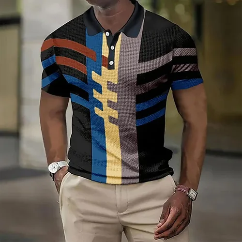 Vista 2 de Camisas elásticas con cuello alto para hombre, con botones, transpirables, de manga corta, de corte clásico, ajustadas, con estampado