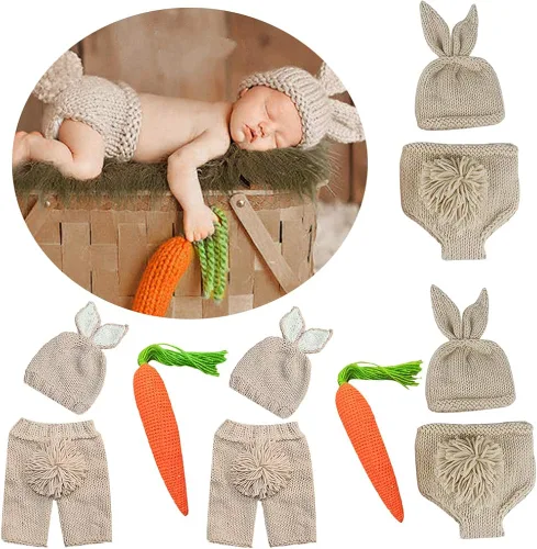 Vista 6 de IWEMEK Traje de Pascua para recién nacidos, para niños, niñas, accesorios de fotografía, cumpleaños, hecho a mano, ganchillo, zanahoria, conejo