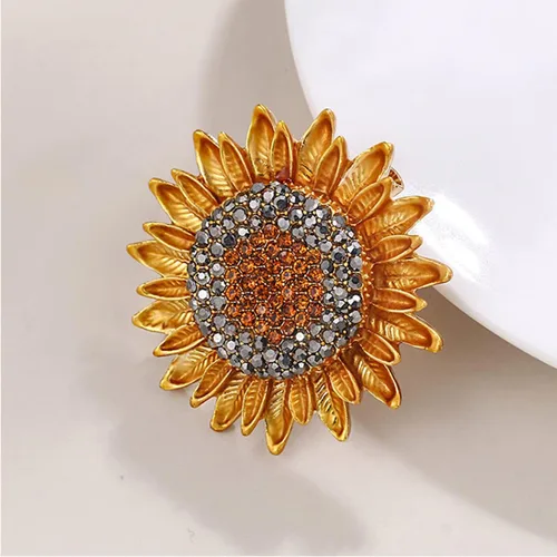 Vista 6 de Broche de girasol con diamantes de imitación, vintage, dorado, amarillo, elegante, para mujer, collar multiusos